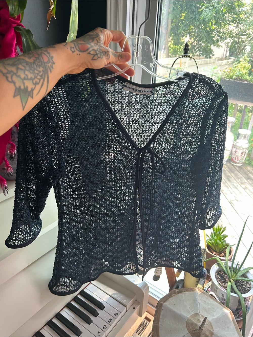 Point Zero Nicole Benisti Black Metallic Mesh Tie Front Cardigan Y2K Sheer Top - Picture 8 of 11